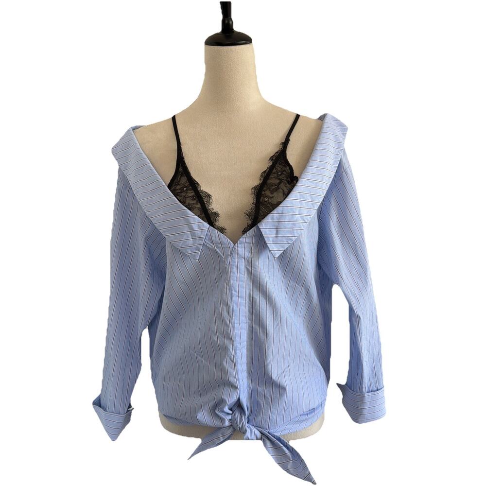 Urban Revivo Layered Shirt Size 10 Blue Pinstripe Black Lace Detail Off Shoulder - Picture 2 of 11
